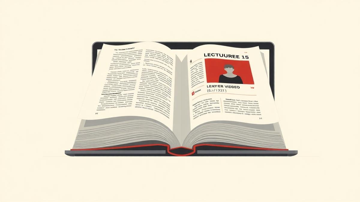 An open textbook merging into a laptop screen with lecture video timestamps