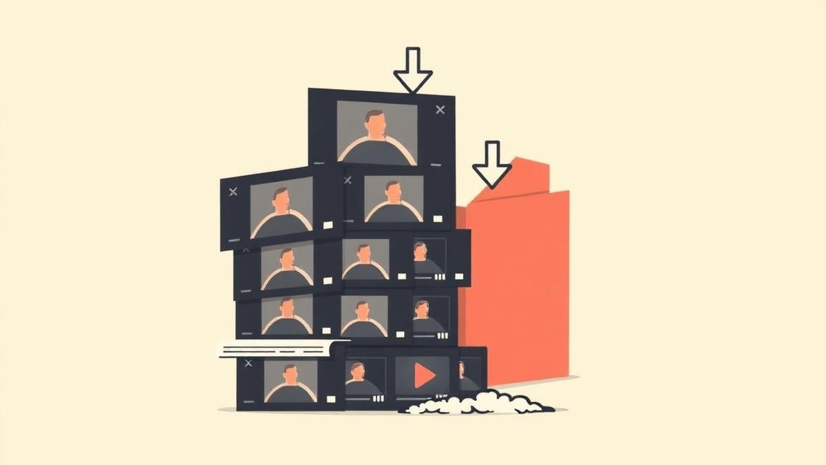 Stack of video thumbnails with download arrows cascading into a folder icon