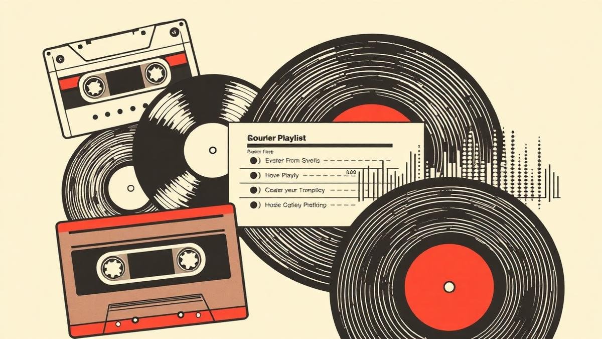 Vintage cassette tapes and vinyl records with a playlist waveform, brutalist newspaper illustration