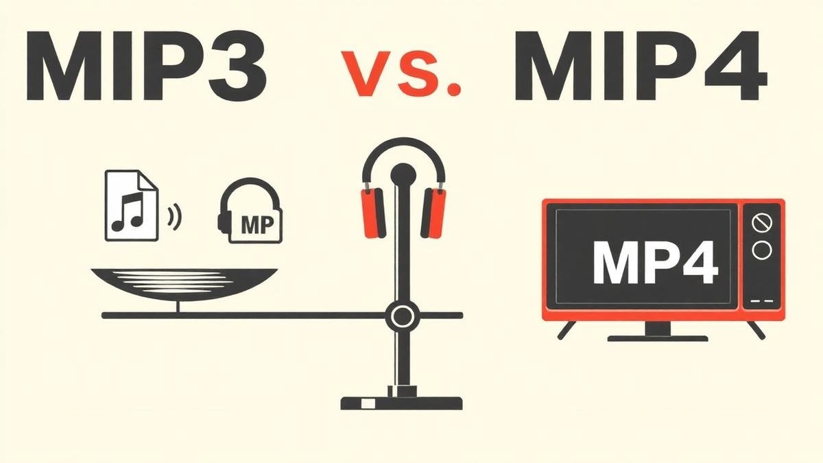 MP3 and MP4 formats on a balance with headphones and a TV screen icon