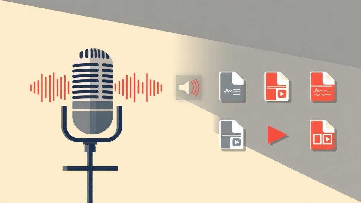 Podcast microphone with soundwaves converting into audio file icons