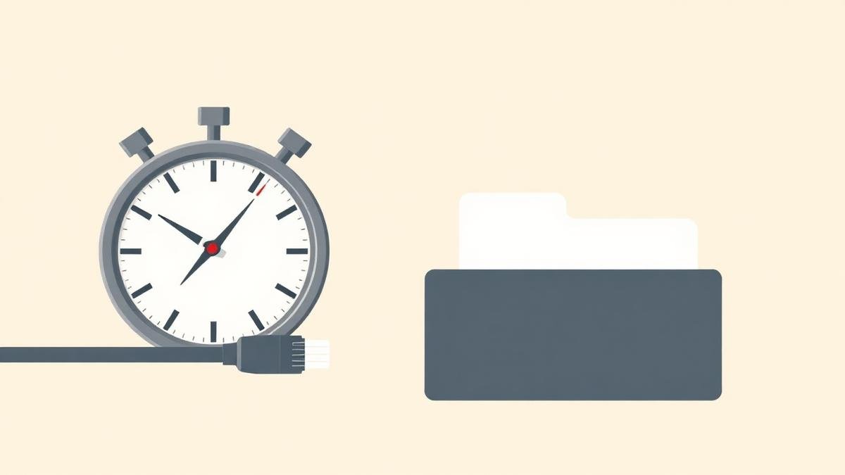 Stopwatch, ethernet cable, and clean folder representing workflow speed